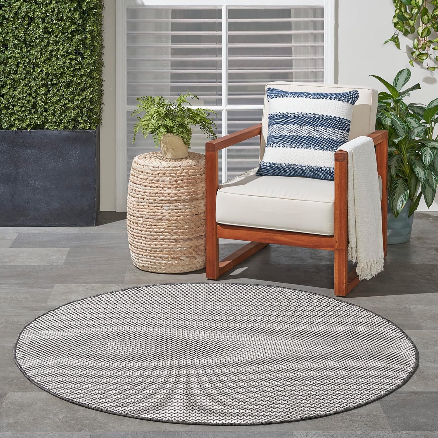 Nourison Home Courtyard Indoor/Outdoor Ivory/Charcoal 4' x Round Area Rug, Easy Cleaning, Non Shedding, Bed Room, Living Room, Dining Room, Backyard, Deck, Patio (4 Round)