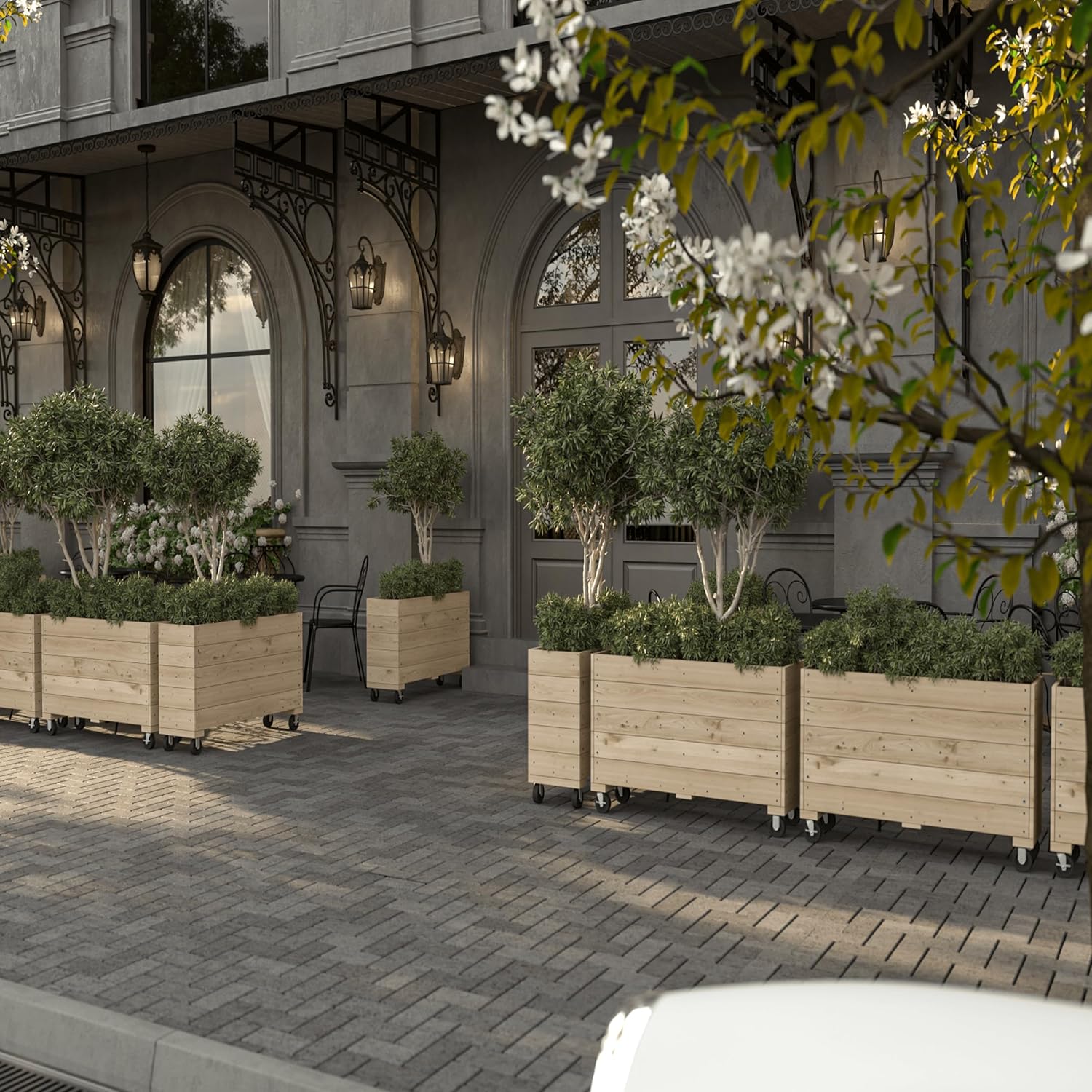 Generic 40x32x12in Indoor/Outdoor Mobile Wood Planter w/Lockable Wheels, Rolling Wood Planter Box Residential/Commercial