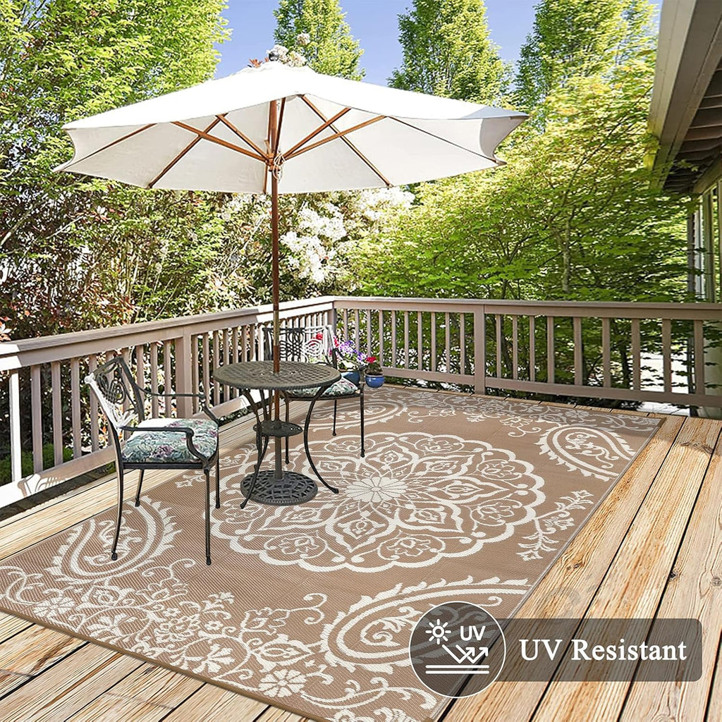 Pauwer Waterproof Outdoor Rug 5x8, Reversible Plastic Straw Patio Camping Rug, Indoor Outdoor RV Mat Carpet for Deck, Camper, Porch, Balcony, Backyard, Picnic, Boho Brown