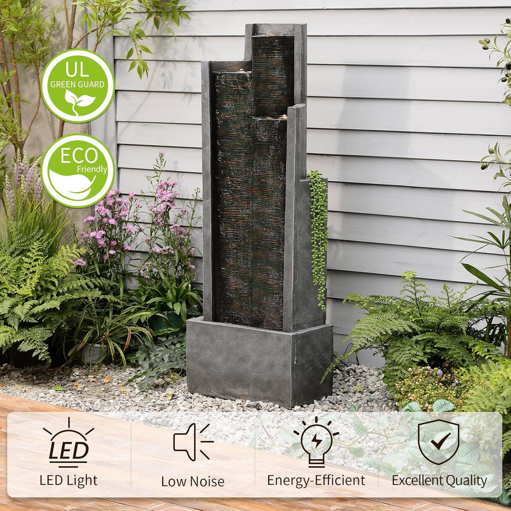 49.6" H Modern Water Outdoor Fountain,Garden Cascading Indoor Resin Water Fountains Tall Floor - Standing Fountain with LED Light for Patio, Yard, Deck and Home Decor