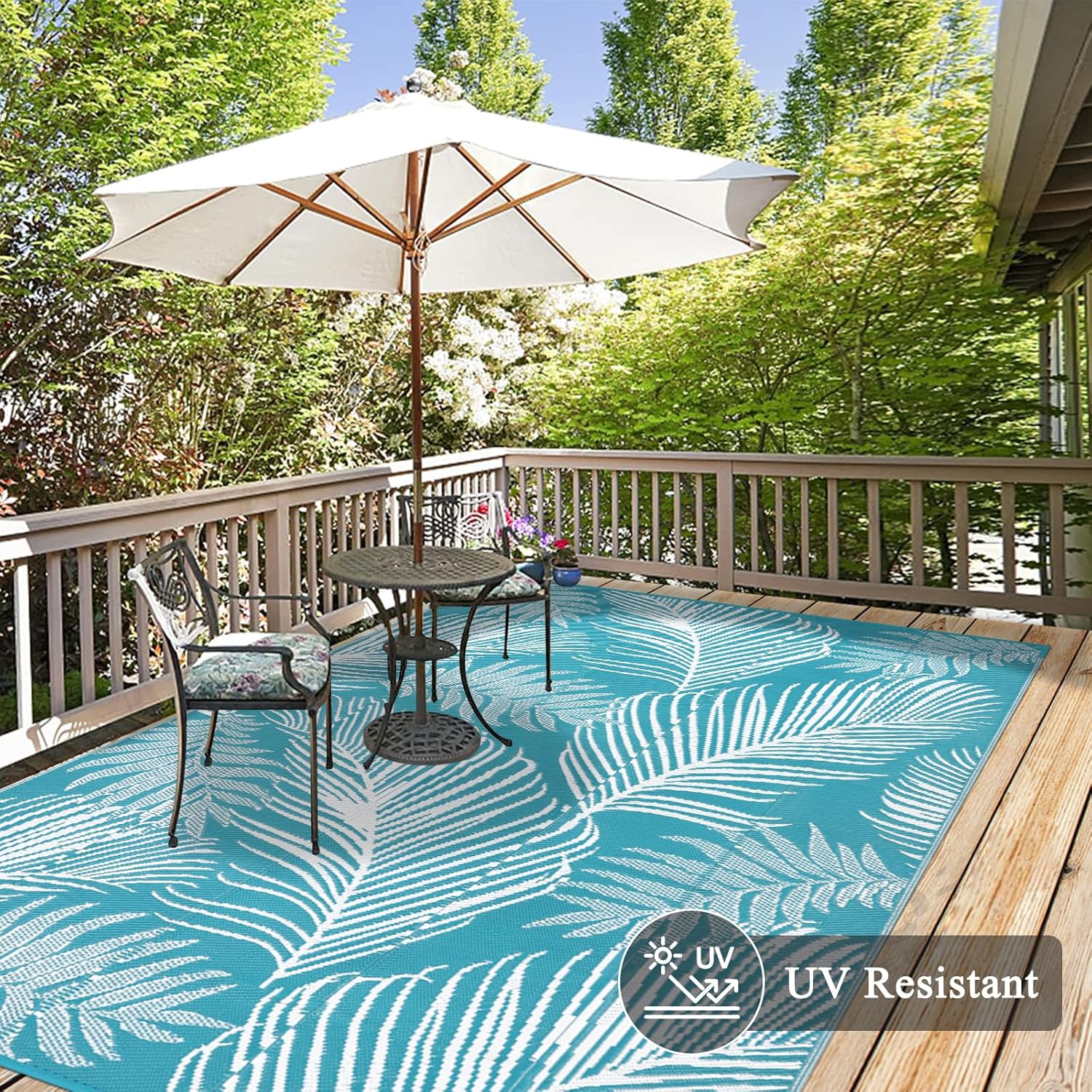 Pauwer Waterproof Outdoor Rug 8x10, Reversible Plastic Straw Patio Camping Rug, Indoor Outdoor RV Mat Carpet for Deck, Camper, Porch, Balcony, Backyard, Picnic, Leaf Teal