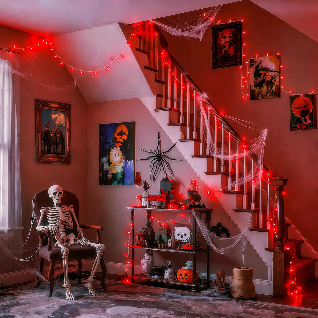 JMEXSUSS 33ft 100 LED Red Halloween Lights, 8 Modes Room String Light Indoor Plug-in, Clear Wire Red Christmas Lights Outdoor Waterproof for Halloween Bedroom, Party
