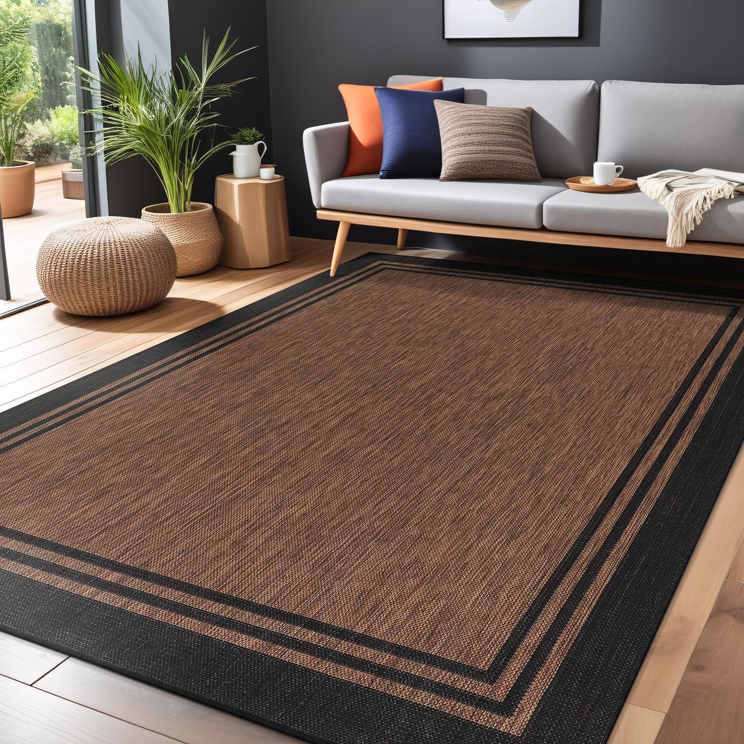 Bordered Outdoor Rug 6x9 Washable Outside Carpet for Indoor Patio Porch Waterproof Easy Cleaning Non Shedding Area Rugs Nut Brown 6 x 9