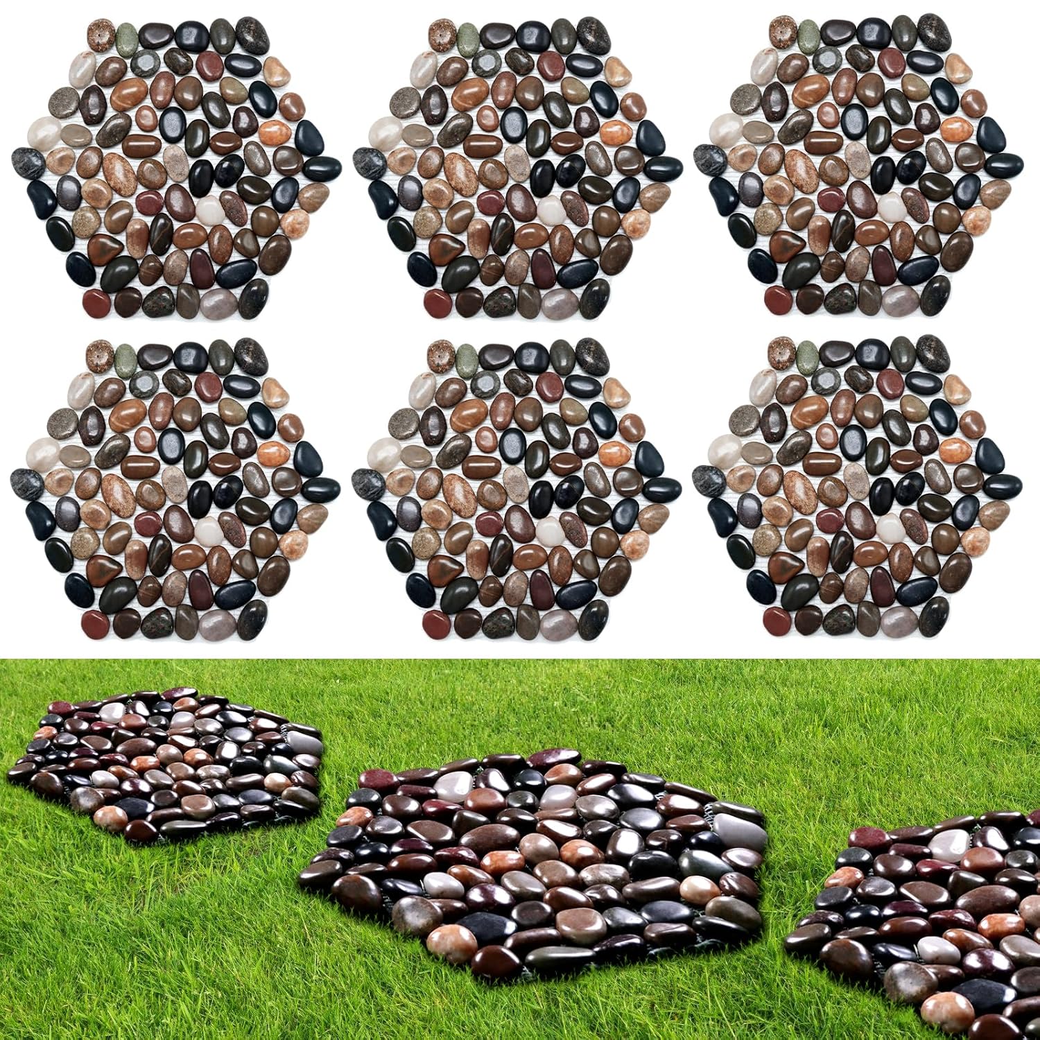 10in River Rock Stepping Stones Set - 6 Pack | Polished Pebble | Long-Lasting PVC Mesh Backing | Perfect for Garden Paths and Lawns Outdoor Landscaping Decoration | Mixed Rhombus