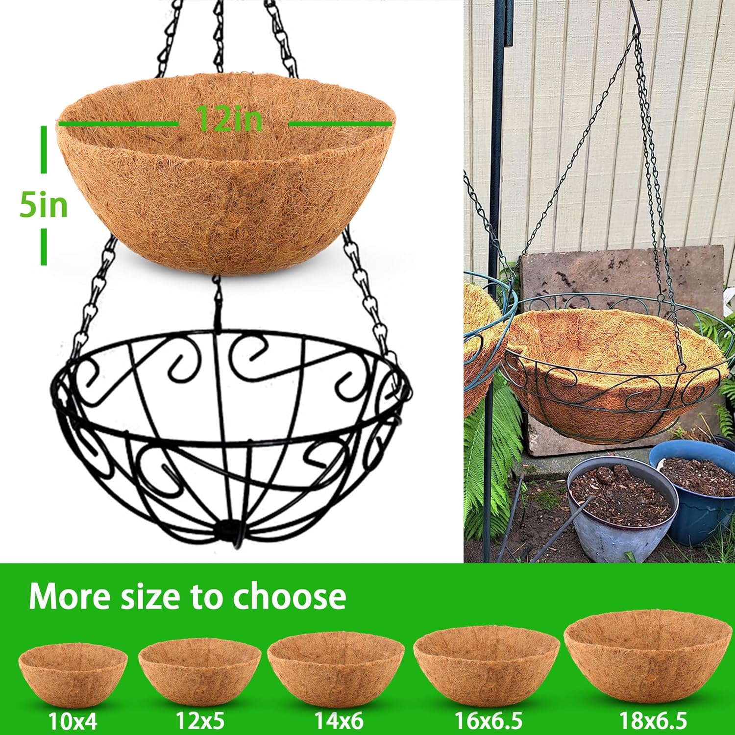 6 Pcs of 12-Inch Hanging Basket Coco Liners Replacement - Natural Round Coconut Fiber Planter Basket Liners for Hanging Basket Flowers
