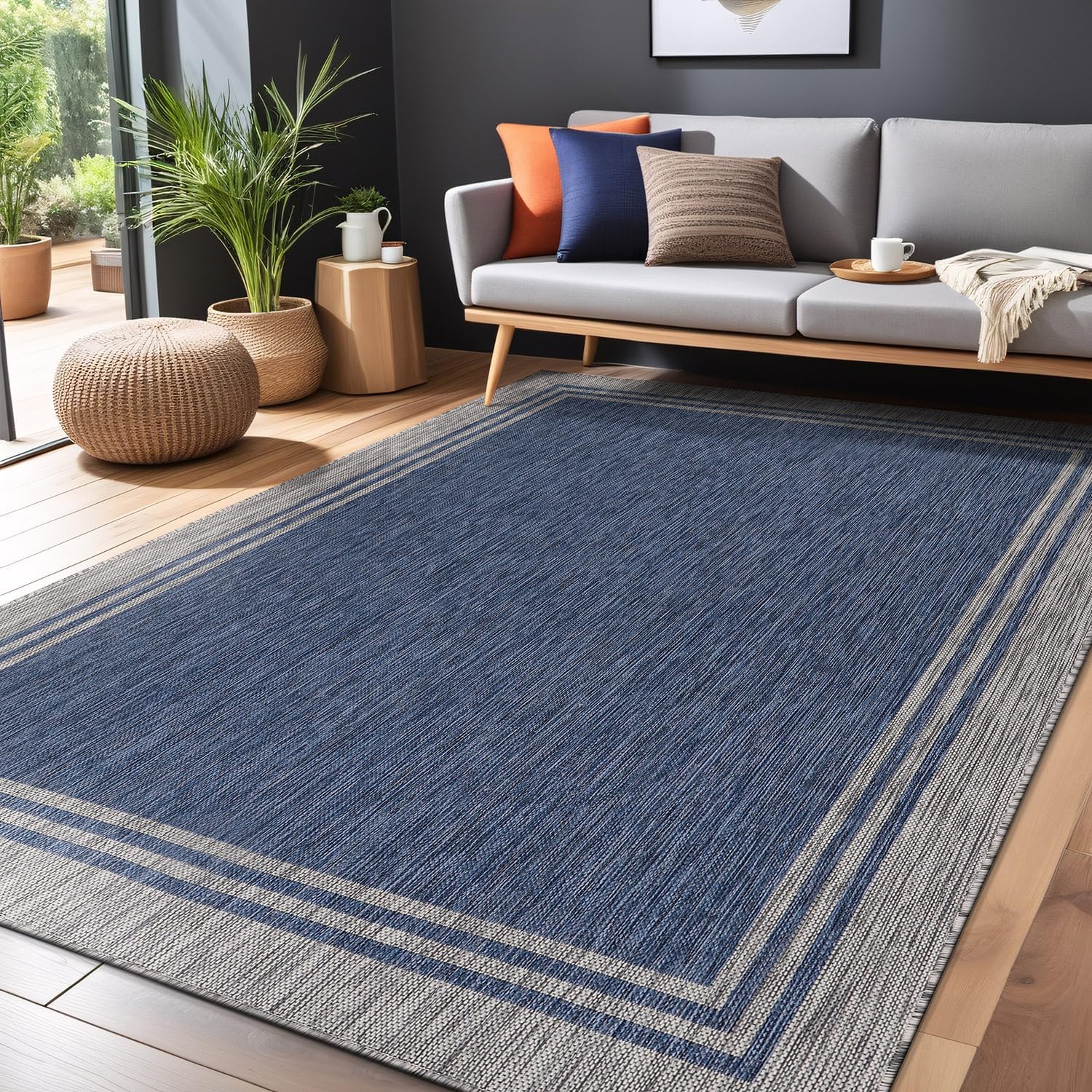 Bordered Outdoor Rug 6x9 Washable Outside Carpet for Indoor Patio Porch Waterproof Easy Cleaning Non Shedding Area Rugs Navy 6 x 9