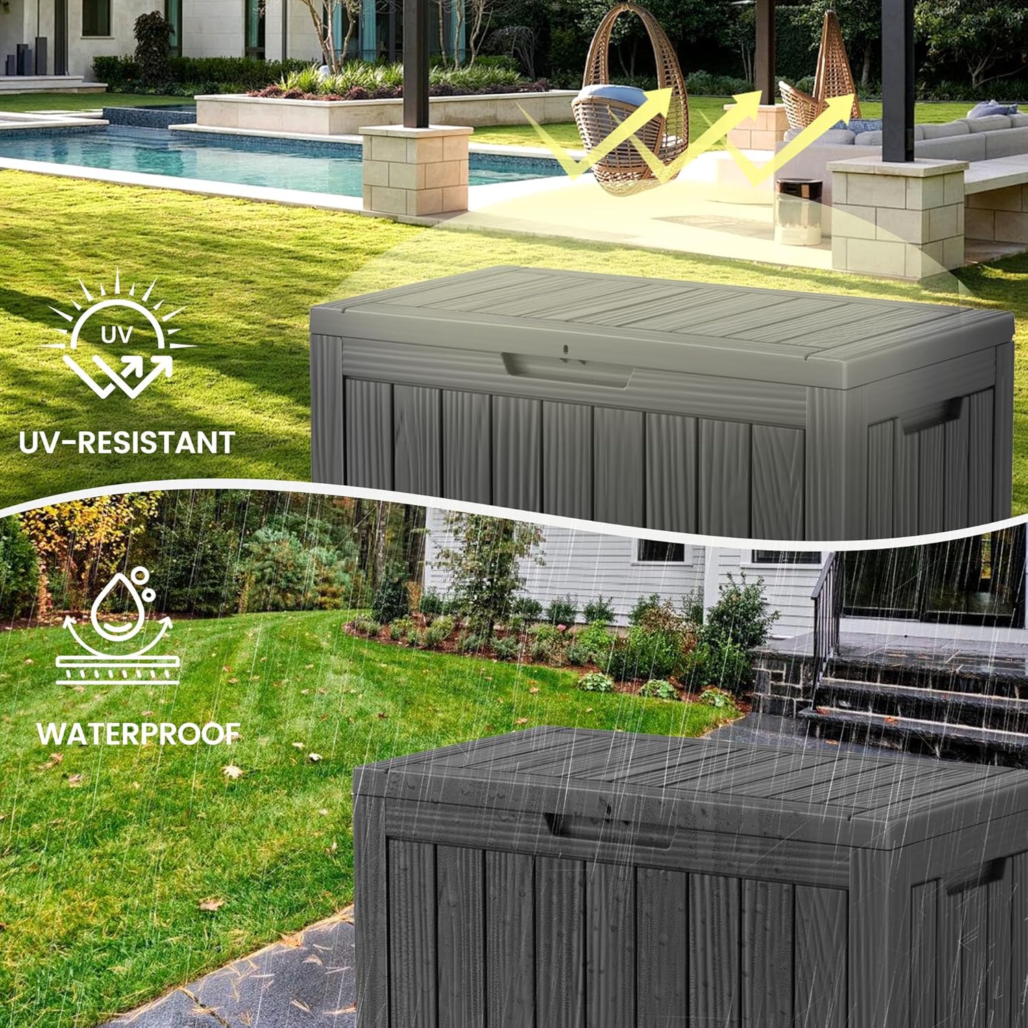 45 Outdoor Storage Box, Waterproof Resin Deck Box with Side Handles, Lockable Outdoor Bench for Indoor & Outdoor Use, Storage Bin for Patio Cushions, Garden Tools, Package Delivery, Black