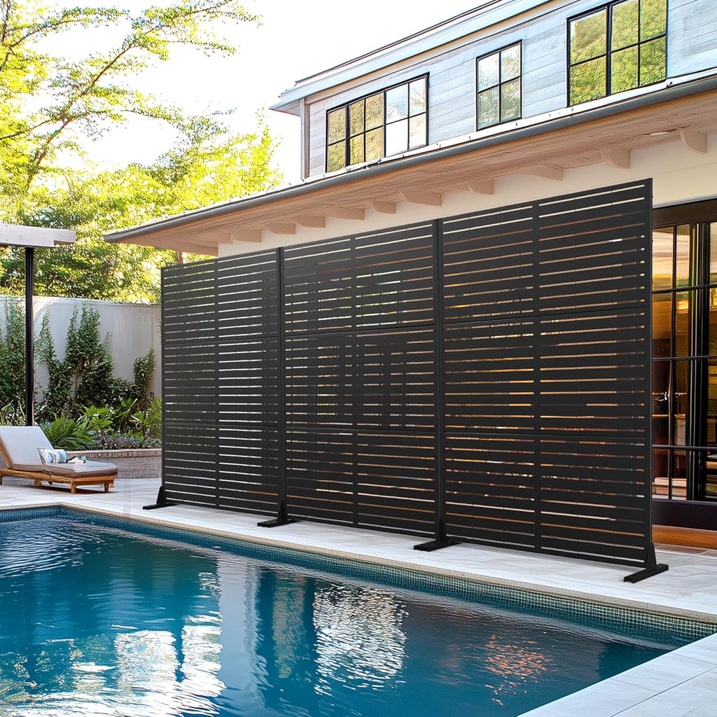 Metal Privacy Screen with Stand 72" H×47" W Outdoor Freestanding Privacy Screen & Panels, Outdoor Privacy Screen for Deck Patio Balcony(Black-Louvered)