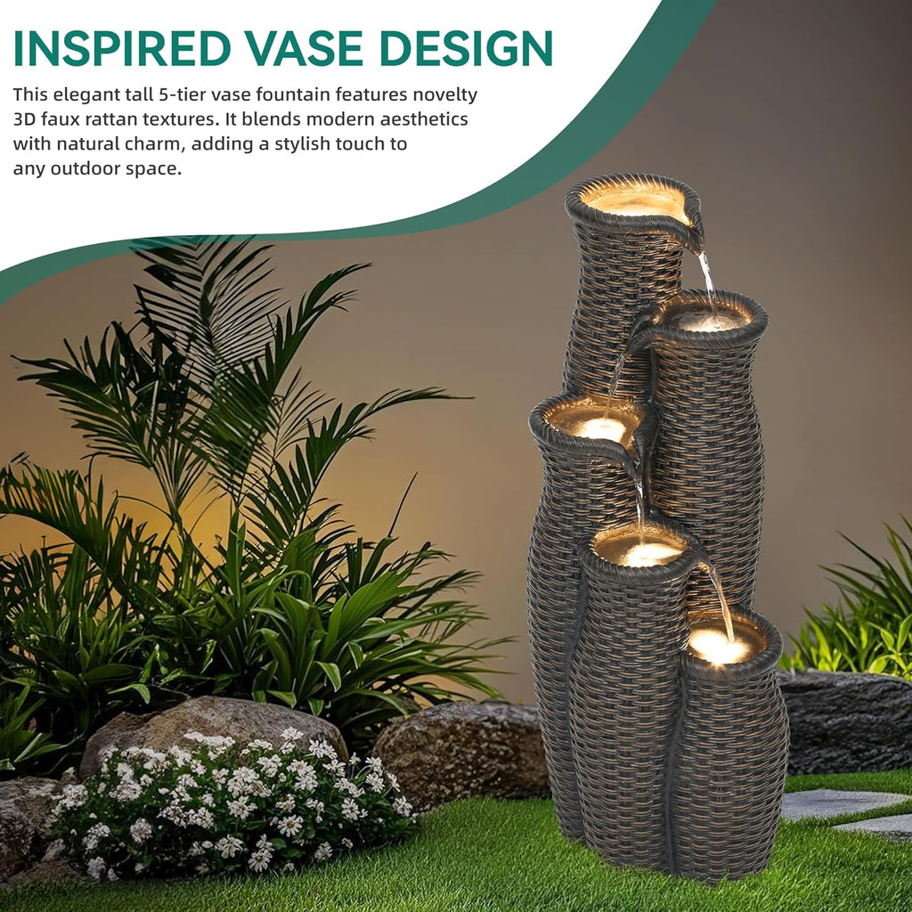5-Tier Faux Rattan Vase Water Fountain Outdoor with LED Lights, Polyresin Cascading Waterfall Feature, Tranquil Oasis for Garden, Patio, Yard, or Porch