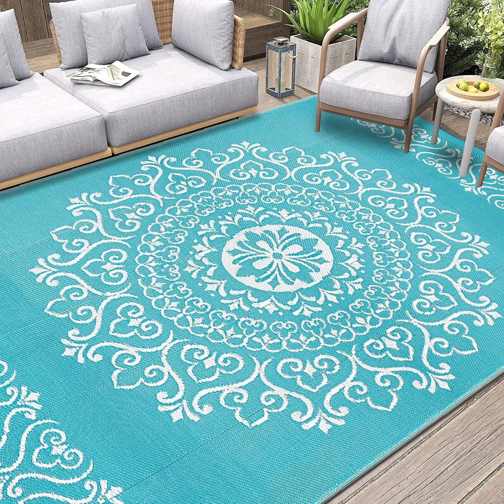 Pauwer Waterproof Outdoor Rug 5x8, Reversible Plastic Straw Patio Camping Rug, Indoor Outdoor RV Mat Carpet for Deck, Camper, Porch, Balcony, Backyard, Picnic, Floral Teal