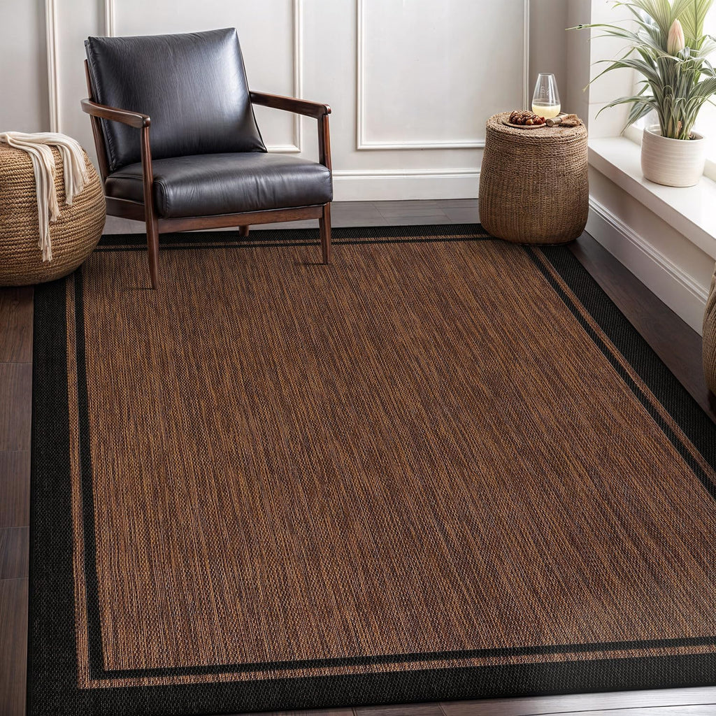 CAMILSON Indoor Outdoor Rug, 5x7 Bordered Nut Brown Black Modern Area Rugs for Indoor and Outdoor Patios, Kitchen and Hallway Mats, Washable Porch Deck Outside Carpet (Bordered Nut Brown Black, 5 x 7)
