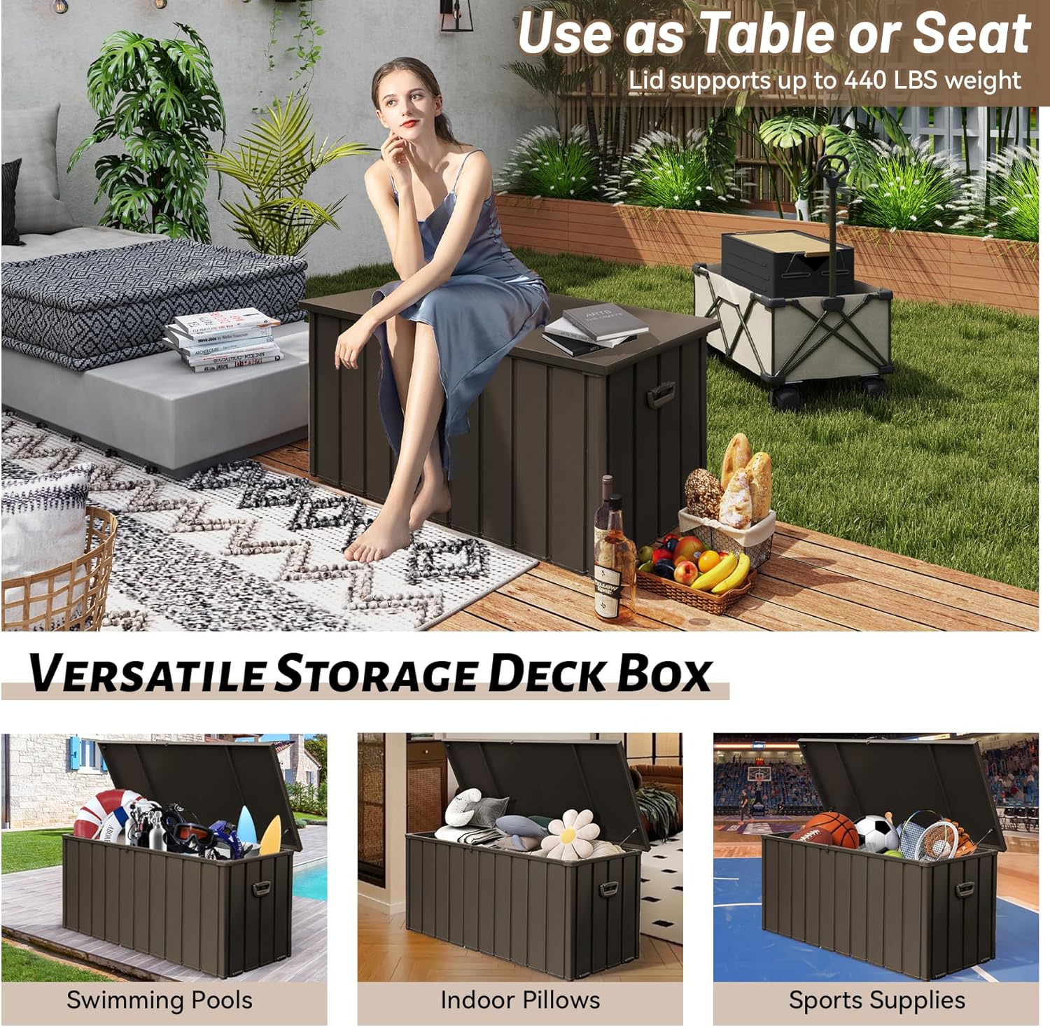 150 Gallon Large Outdoor Storage Box Metal, Waterproof Deck Box for Patio Cushion, Outside Storage Cabinet Rust/UV Resistant, Lockable Garden Tool Storage Bin for Porch Package Delivery, Brown