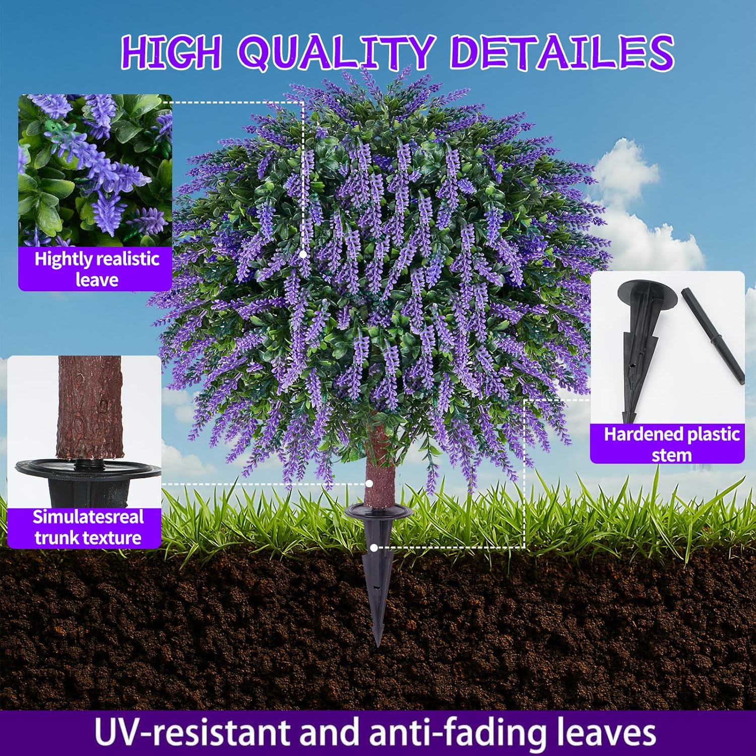 Artificial Lavender Topiany Ball Trees Set of 2,17” Resistant Fake Evergreen Shrubs with Ground SpilRealistic Outdoor Indoor Plants for Garden Porch Maintenance-Free Potted