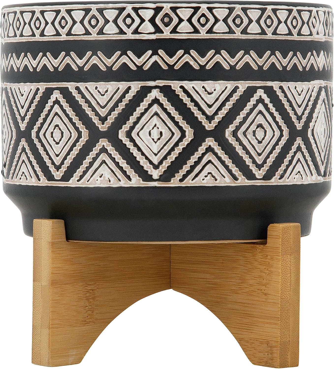 Sagebrook Home Ceramic Planter with Stand - Decorative Stoneware Pot for Indoor & Outdoor Use - Modern Boho Design with Wooden Base - Stylish Plant Holder for Succulents & Flowers - 8", Black