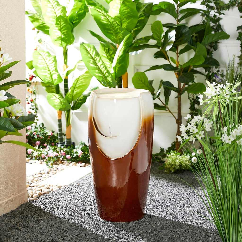 Glitzhome 29.25" H Oversized Ceramic Vase Outdoor Water Fountain, Tall Sand Beige Brown Glaze Patio Garden Water Fountain with LED Light and Submersible Pump for Garden Patio Balcony Yard Art Decor