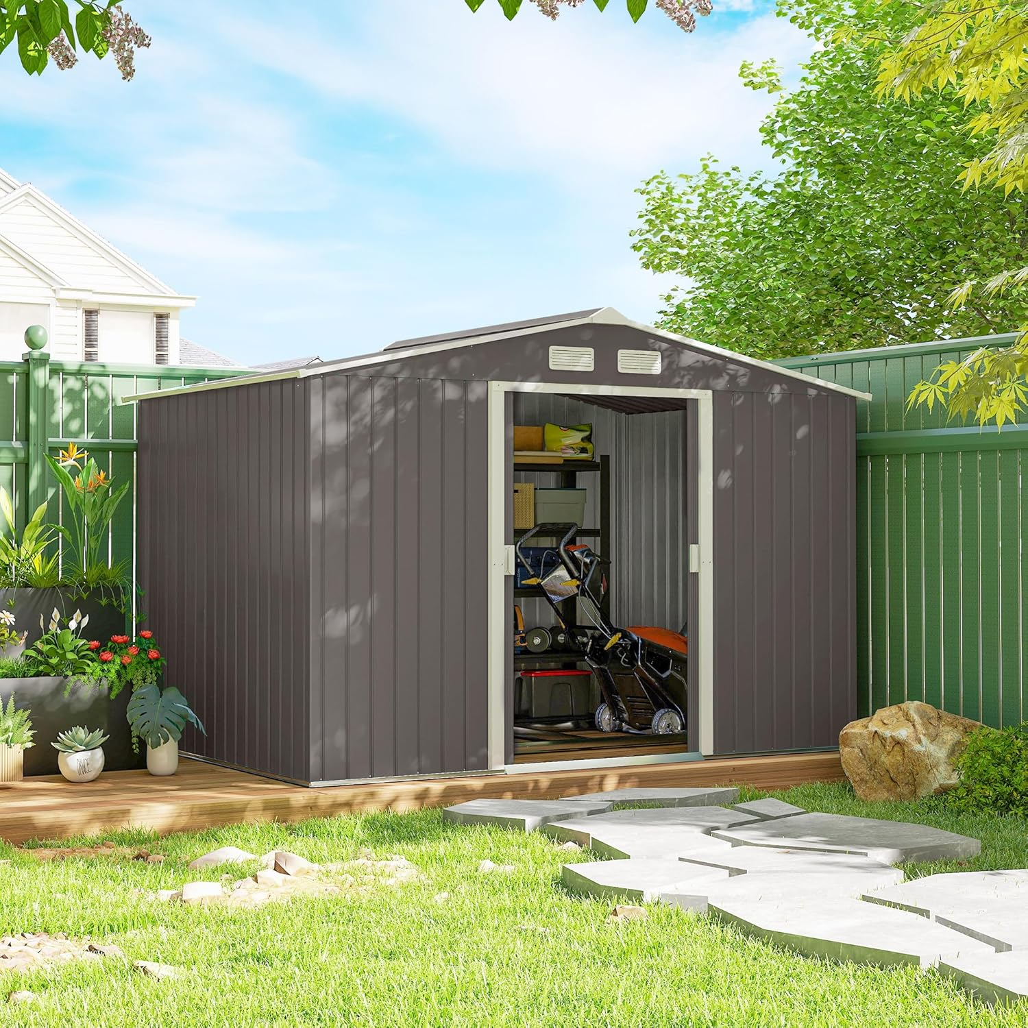 Outsunny 9' x 6' Outdoor Storage Shed, Garden Tool Metal Shed with Foundation Kit, Double Lockable Door, Air Vents and Sloping Roof, for Backyard, Patio, Lawn, Gray