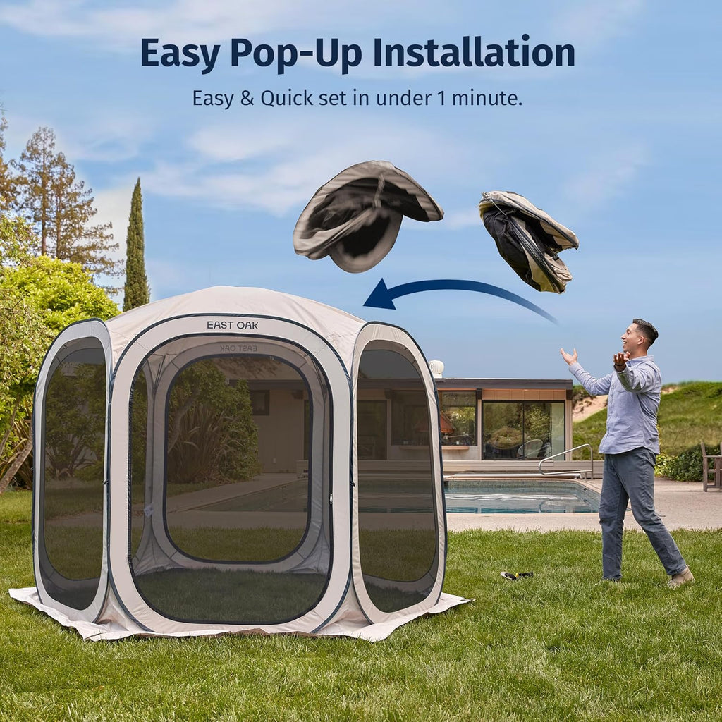 EAST OAK Screen House Tent Pop-Up, Portable Screen Room Canopy Instant Screen Tent 10 x 10 FT with Carry Bag for Patio, Backyard, Deck & Outdoor Activities, Beige