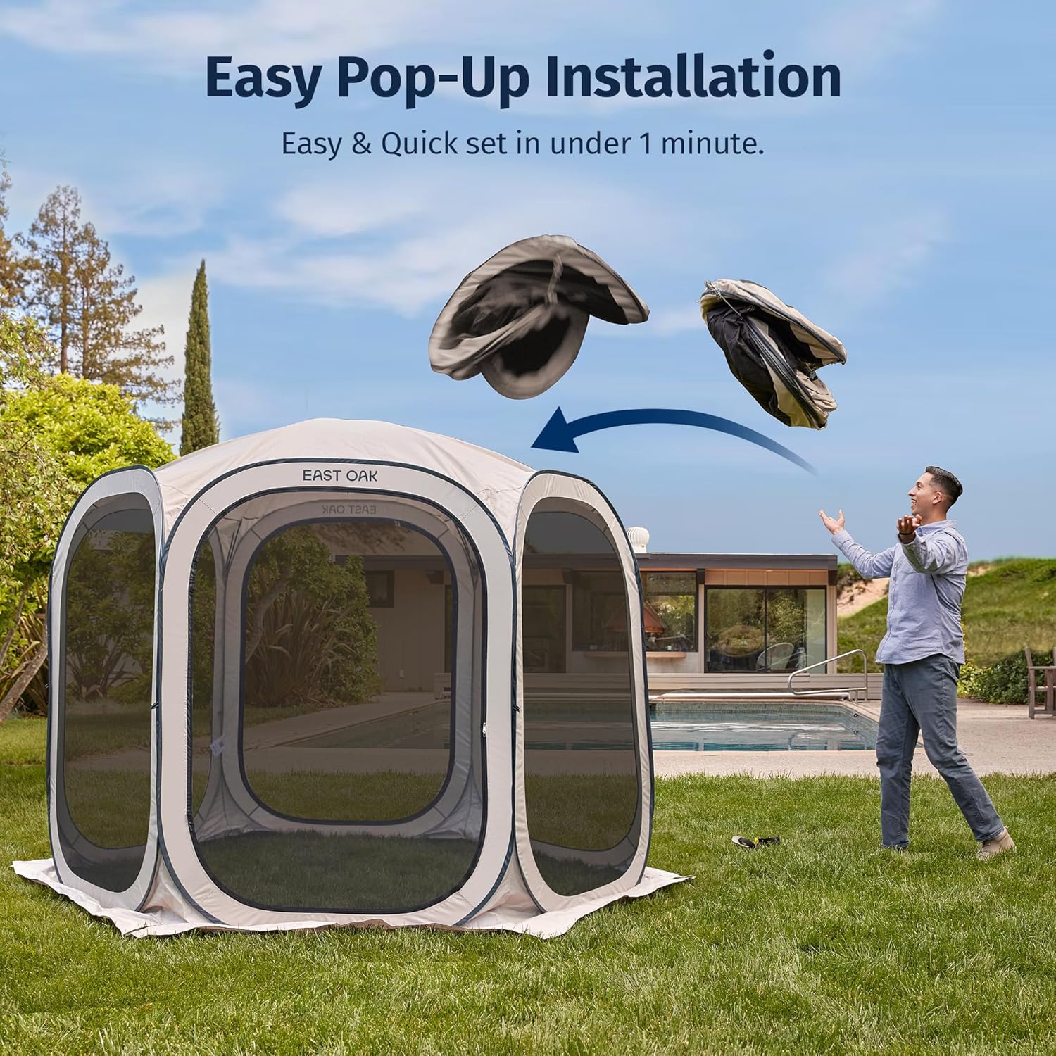 EAST OAK Screen House Tent Pop-Up, Portable Screen Room Canopy Instant Screen Tent 10 x 10 FT with Carry Bag for Patio, Backyard, Deck & Outdoor Activities, Beige