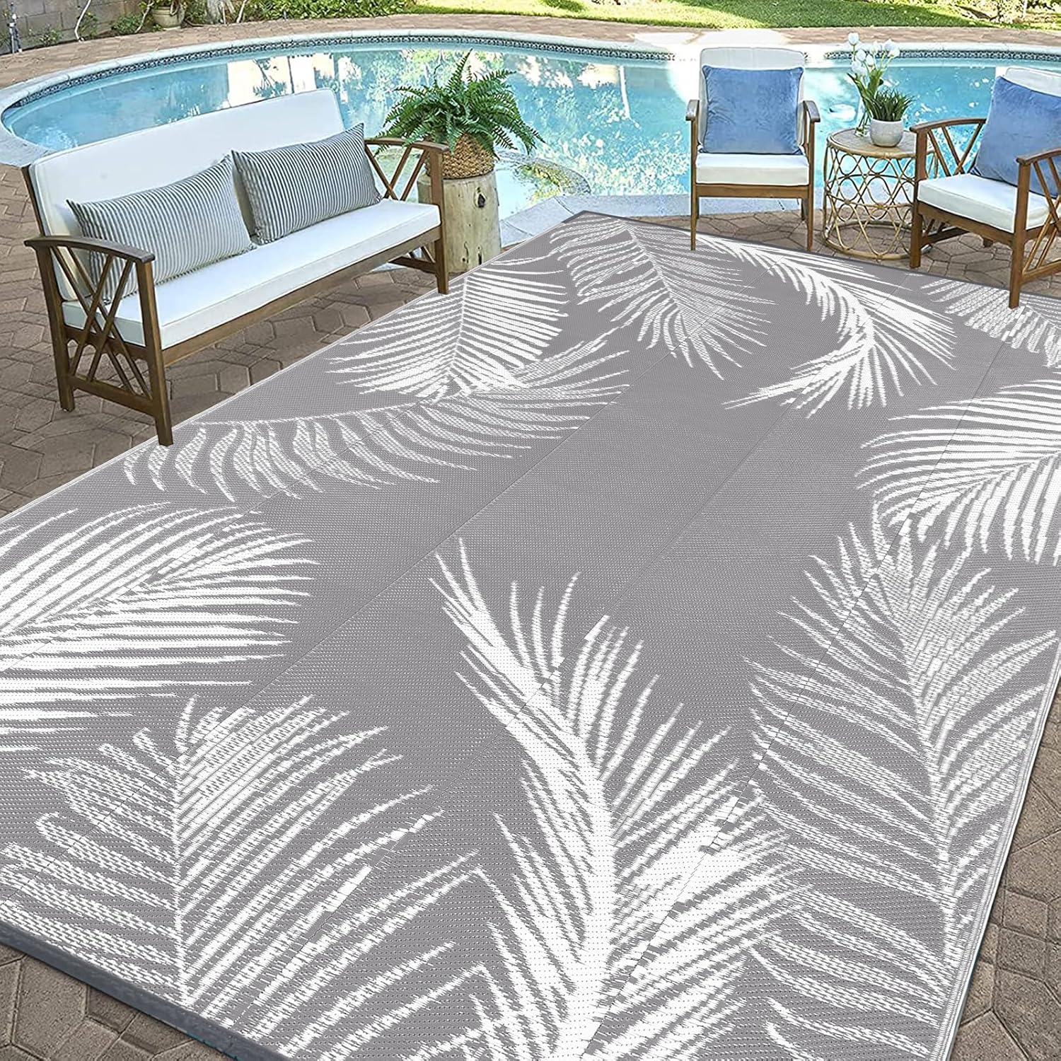 Pauwer Waterproof Outdoor Rug 9x12, Reversible Plastic Straw Patio Camping Rug, Indoor Outdoor RV Mat Carpet for Deck, Camper, Porch, Balcony, Backyard, Picnic, Leaf Grey