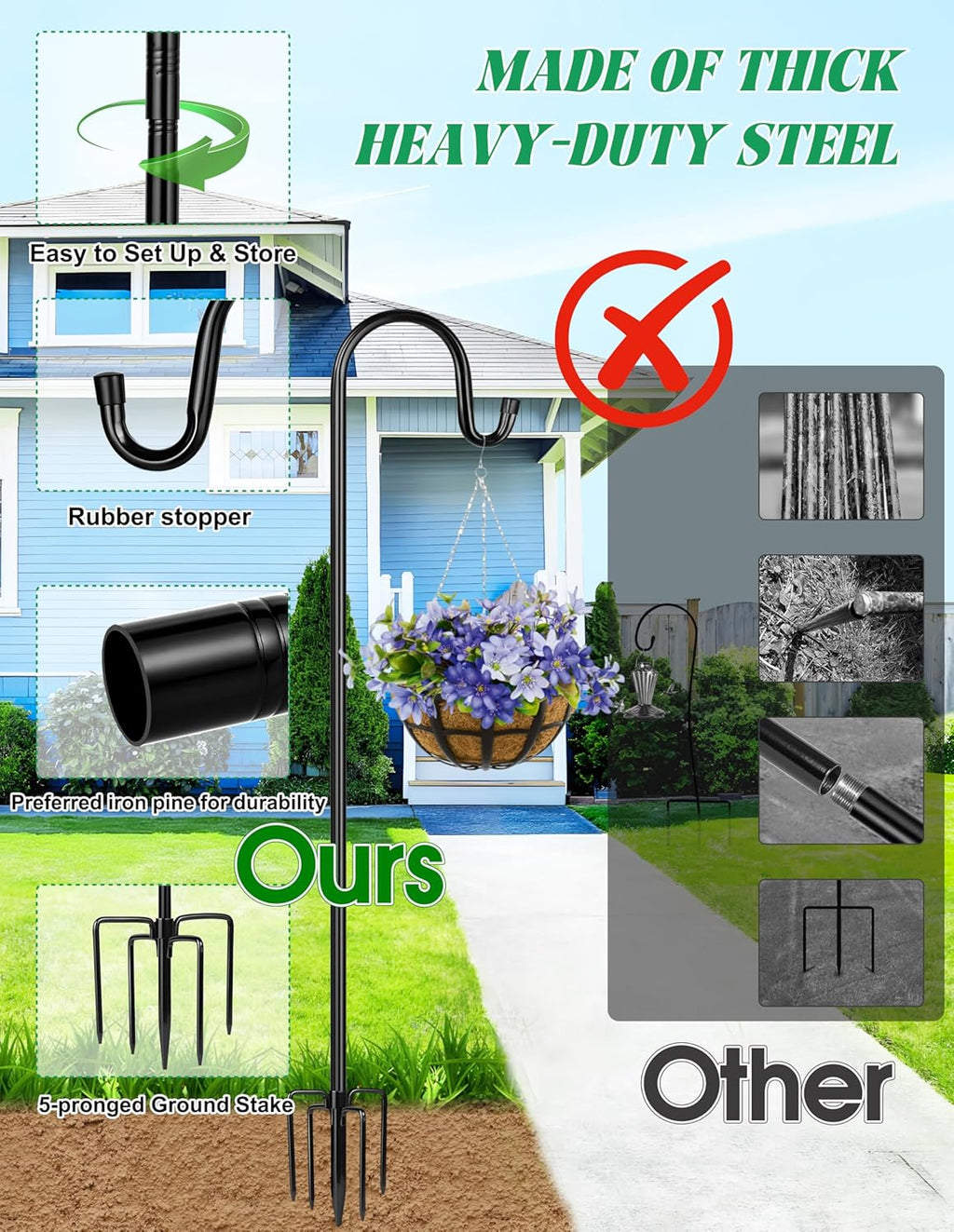 XDW-GIFTS Bird Feeder Pole for Outdoor, 4-Pack 45 Inch Shepherds Hooks Heavy Duty Garden Pole for Hanging Plant Basket, Solar Light Lanterns, Garden Plant Hanger Stands with 5 Base Prongs