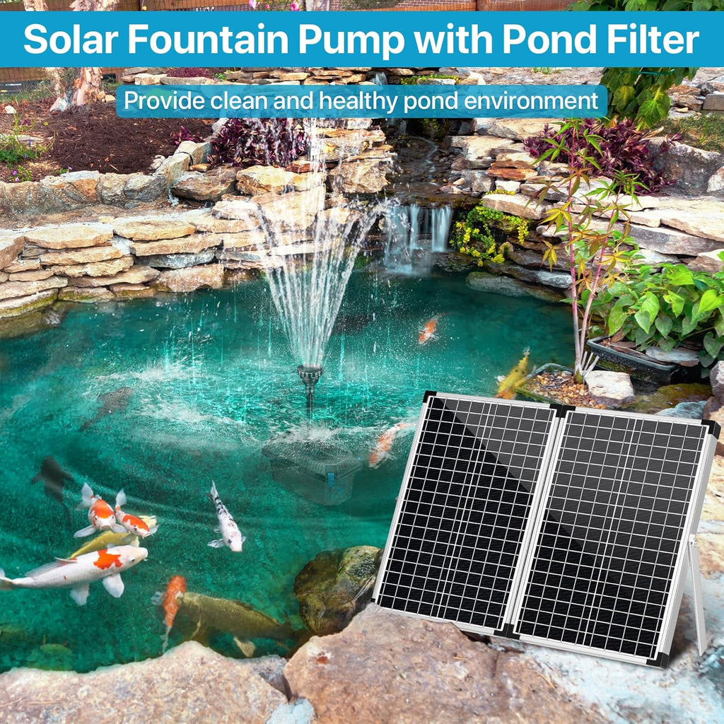 POPOSOAP 70W Solar Pond Filter with Fountain Pump, Solar Pond Pump 580GPH Adjustable Flow, Pond Filters for Outdoor Ponds Pool Waterfall Koi Pond Water Features