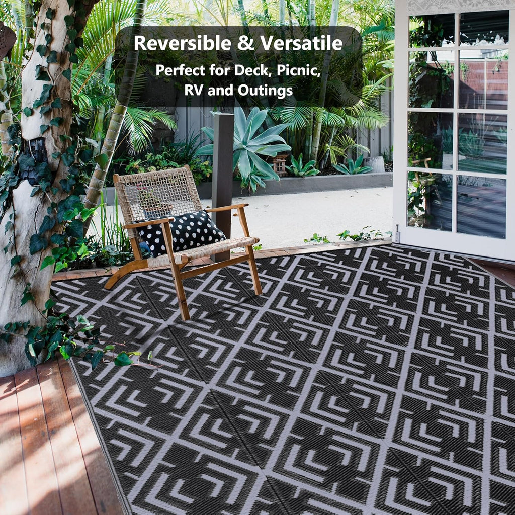 Outdoor Plastic Straw Rug, Waterproof Outdoor Rugs for Patios Clearance, Reversible Area Rug, Large Outside Carpet for Camping, Balcony, RV, Deck, Picnic, Beach (6x9ft Boho/Black&Grey)