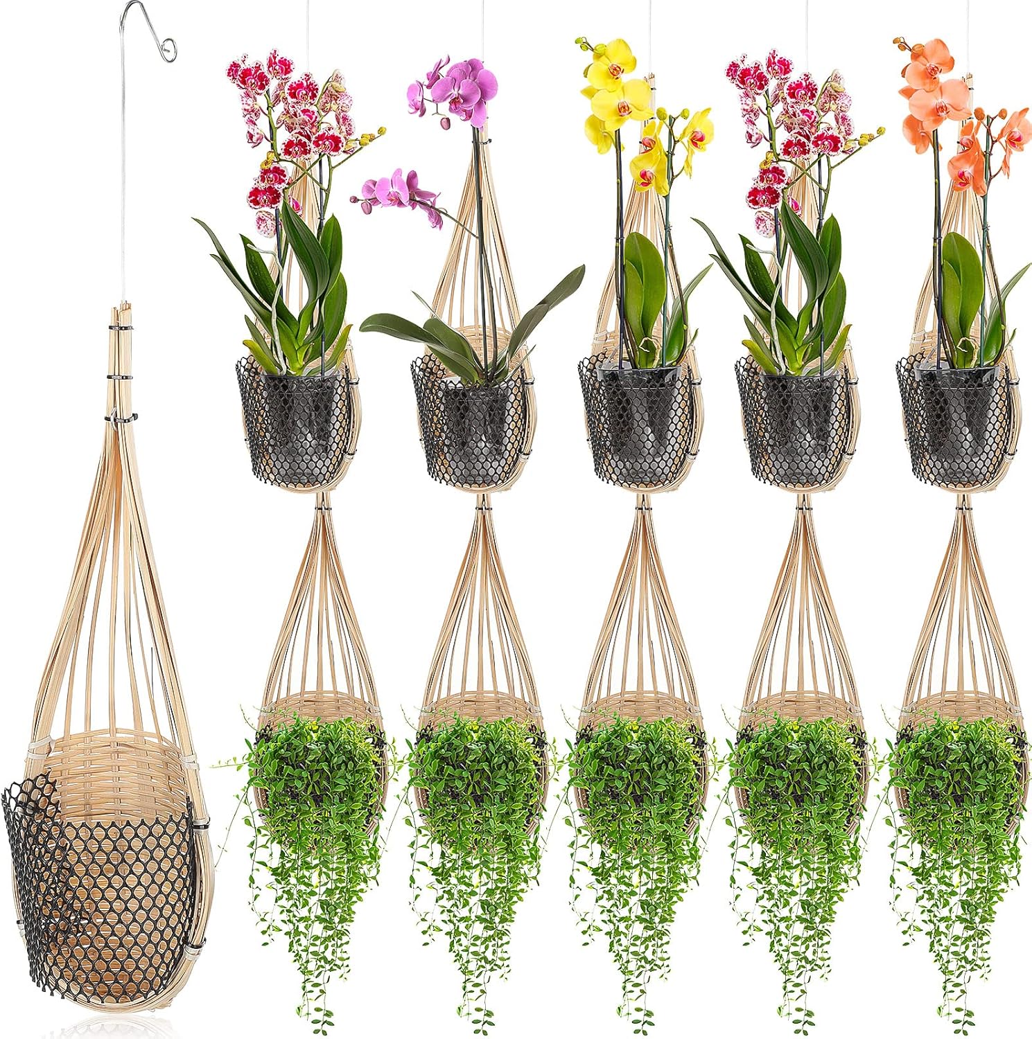 10 Pack Hanging Orchid Planter Thai Bamboo Woven 4 Inch Bird Nest Style Orchid Hanging Basket Bamboo Flower Basket with Metal Hook for Trellis Gazebo Indoor Outdoor Wall Small Flower Planter