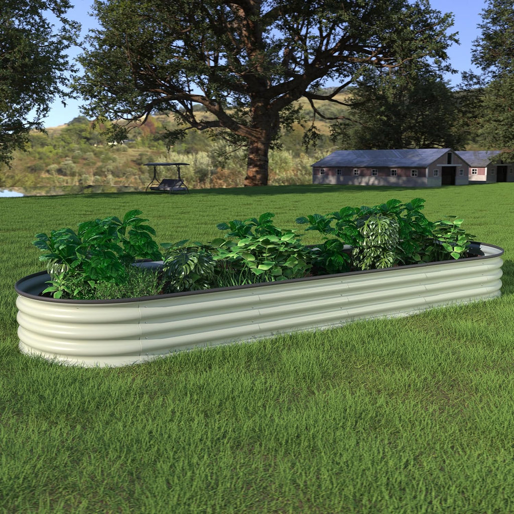MUPATER 8x2x1 ft Raised Garden Bed Outdoor for Vegetables, 9-in-1 Galvanized Metal Planter Box, 11.1'' H Modular Garden Bed Kit Oval for Herbs and Flowers, Pearl White