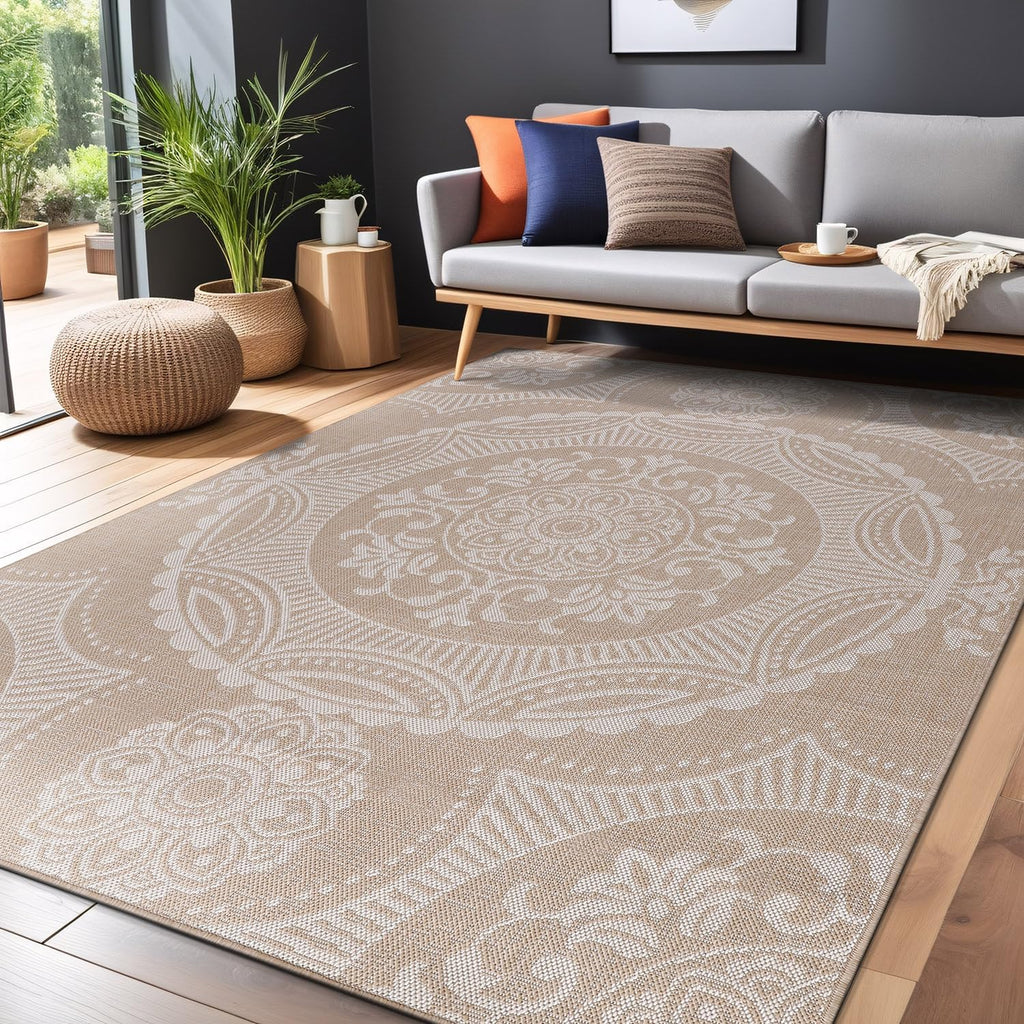 Medallion Outdoor Rug 9x12 Washable Outside Carpet for Indoor Patio Porch Waterproof Easy Cleaning Non Shedding Area Rugs Beige 9 x 12
