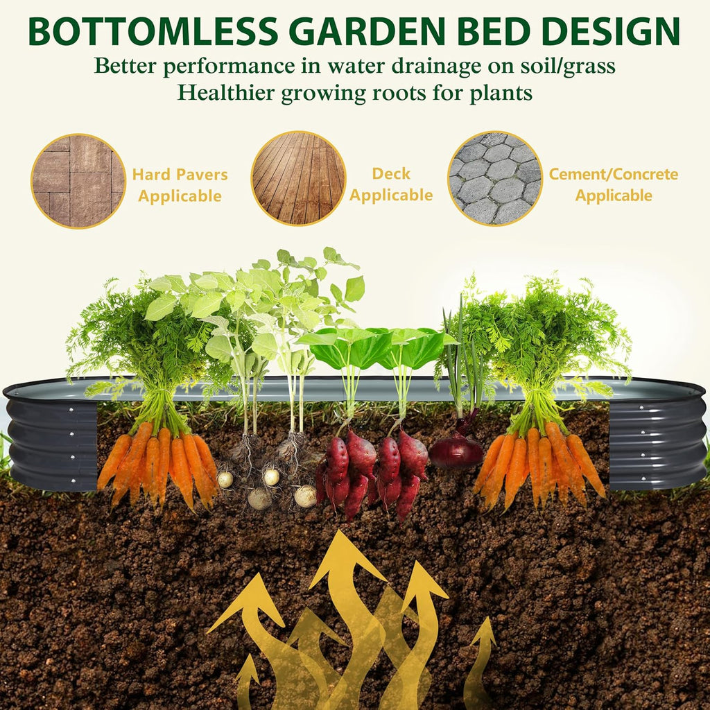 MUPATER 8x2x1 ft Raised Garden Bed Outdoor for Vegetables, 9-in-1 Galvanized Metal Planter Box, 11.1" H Modular Garden Bed Kit Oval for Herbs and Flowers, Grey