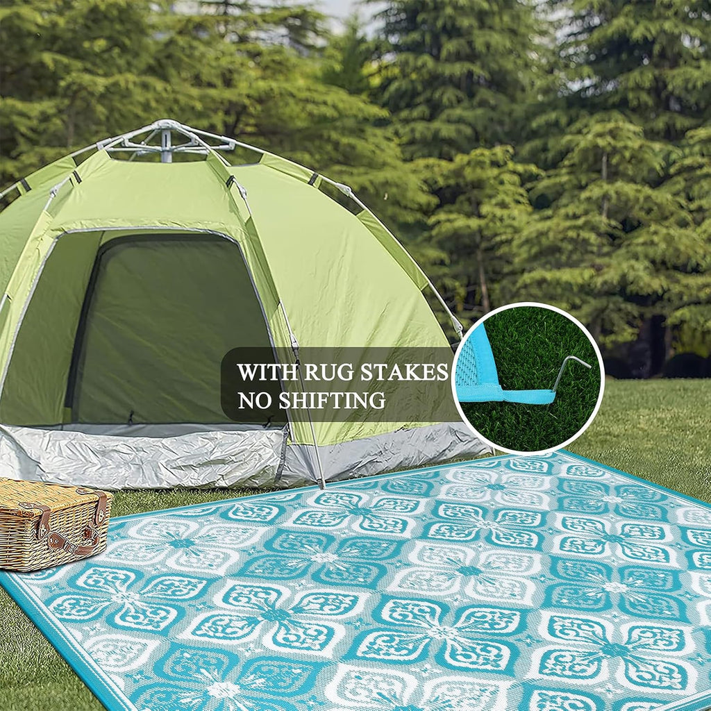 Pauwer Waterproof Outdoor Rug 9x12, Reversible Plastic Straw Patio Camping Rug, Indoor Outdoor RV Mat Carpet for Deck, Camper, Porch, Balcony, Backyard, Picnic, Clover Teal