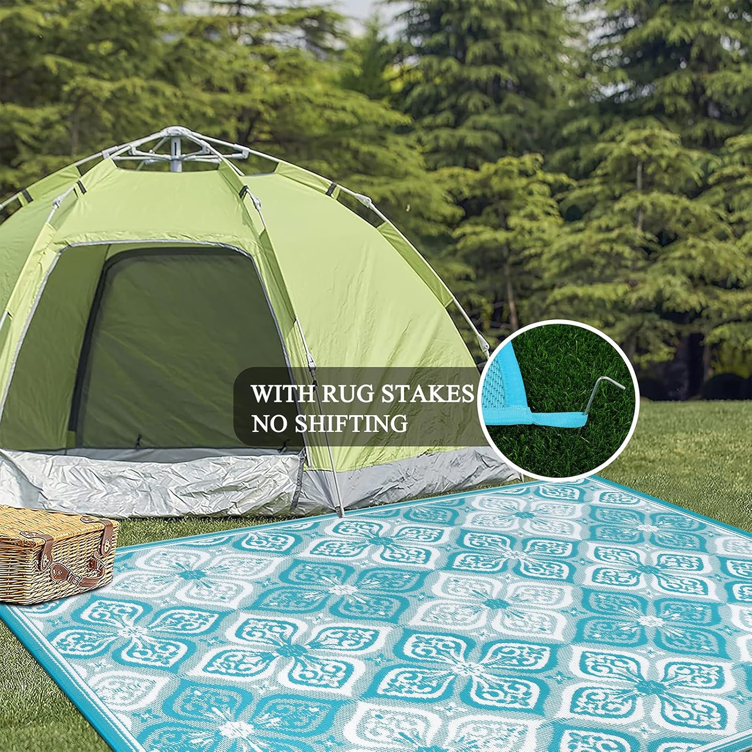 Pauwer Waterproof Outdoor Rug 8x10, Reversible Plastic Straw Patio Camping Rug, Indoor Outdoor RV Mat Carpet for Deck, Camper, Porch, Balcony, Backyard, Picnic, Clover Teal