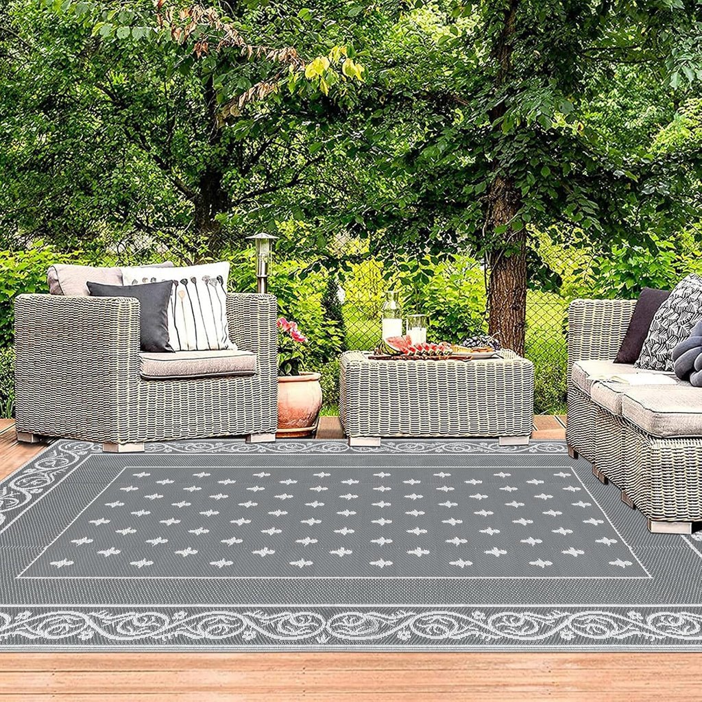 Pauwer Waterproof Outdoor Rug 6x9, Reversible Plastic Straw Patio Camping Rug, Indoor Outdoor RV Mat Carpet for Deck, Camper, Porch, Balcony, Backyard, Picnic, Bordered Grey