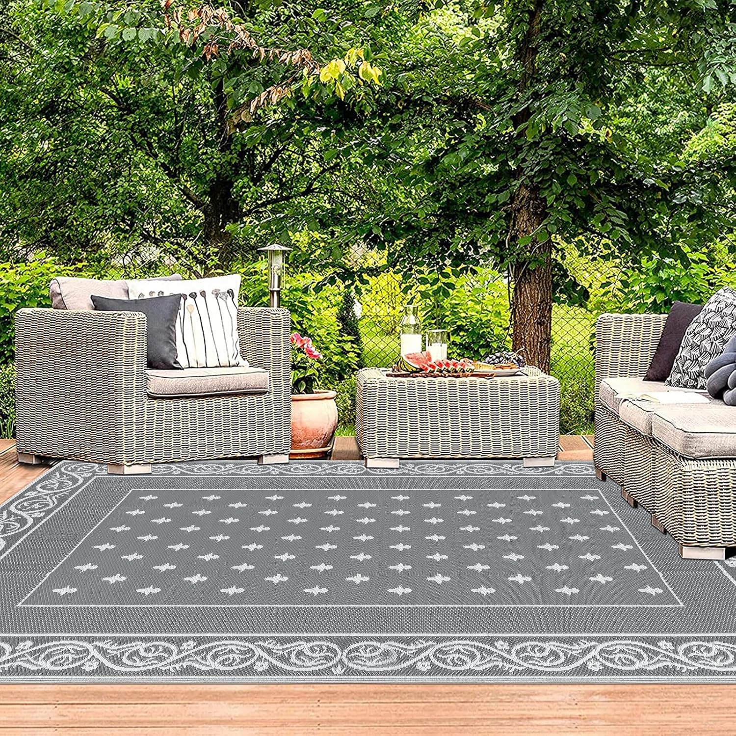 Pauwer Waterproof Outdoor Rug 6x9, Reversible Plastic Straw Patio Camping Rug, Indoor Outdoor RV Mat Carpet for Deck, Camper, Porch, Balcony, Backyard, Picnic, Bordered Grey