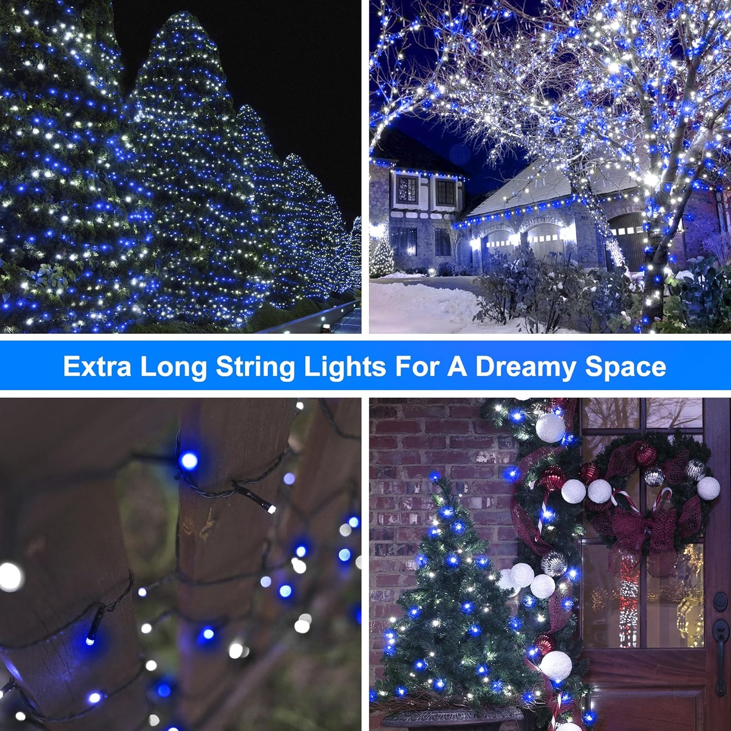 164ft 500 LED Blue White Christmas Lights Outdoor,8 Modes String Light Indoor Bedroom,Clear Wire Twinkle Lights Plug in for Christmas Outside Tree Yard Wedding Decorations(164FT,Blue&White)