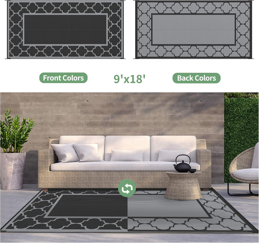 GENIMO 9' x 18' Outdoor Rug Waterproof for Patio, Foldable Reversible Plastic Straw Area Rugs Mat for Rv Decor, Outside Carpet for Camper, Deck, Picnic, Beach, Balcony, Porch, Black & Grey