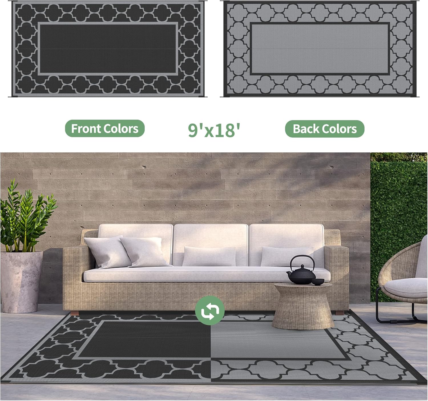 GENIMO 9' x 18' Outdoor Rug Waterproof for Patio, Foldable Reversible Plastic Straw Area Rugs Mat for Rv Decor, Outside Carpet for Camper, Deck, Picnic, Beach, Balcony, Porch, Black & Grey