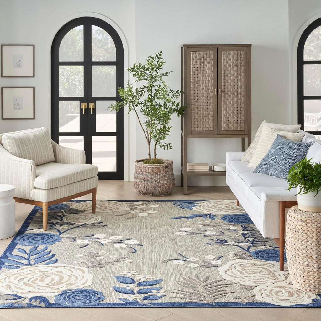 Nourison Home Aloha Indoor/Outdoor Modern Blue/Grey 6' x 9' Area Rug, Easy Cleaning, Non Shedding, Bed Room, Living Room, Dining Room, Kitchen (6x9)