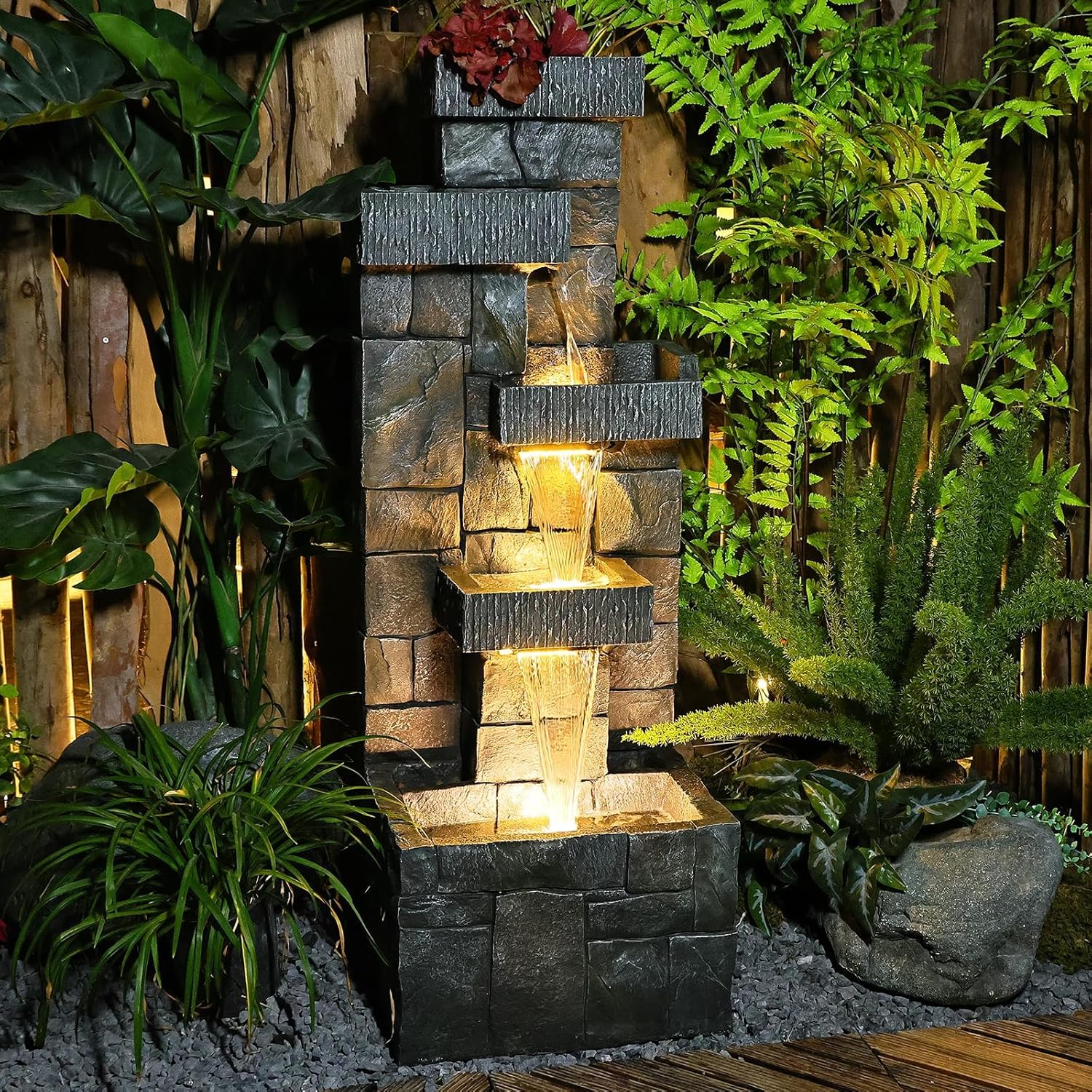 Garden Fountains Outdoor Water Fountain - 44.5 Inches 4 Tired Modern Indoor Floor Standing Outdoor Fountain with Lights Pump for Garden Patio Backyard Porch Home Art Decor, Dark Gray