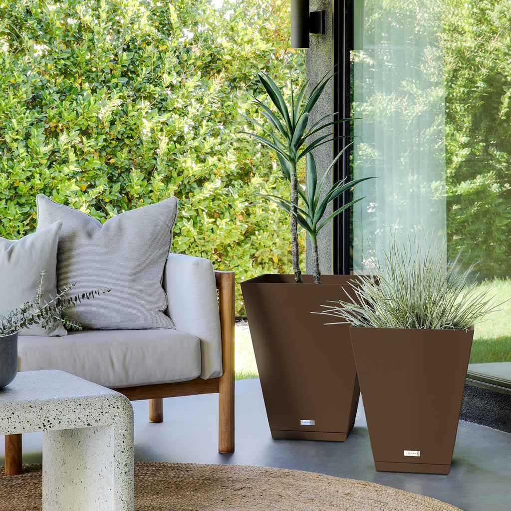 Veradek Nobleton Indoor/Outdoor Wide Square Planter (Espresso, 22 inch - 2 Pack with 2 Saucer Trays)