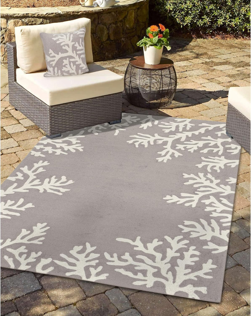 Liora Manne CAPRI Indoor/Outdoor Handmade Synthetic Blend Durable Area Rug - Traditional Border Coastal Beach Accent (Coral Border Silver) (3'6" x 5'6")