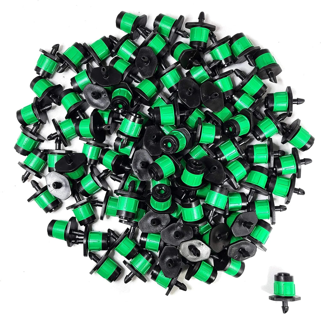 (100-PACK) - 1/4" Inch 360 Degree Drip Emitter On 6" Stake Sprayer Adjustable Flow 0-20 GPH, Fits 1/4 (4-6mm) Irrigation Tubing - Micro Bubbler Drippers for Drip Irrigation (100 Pack Dripper on Barb)