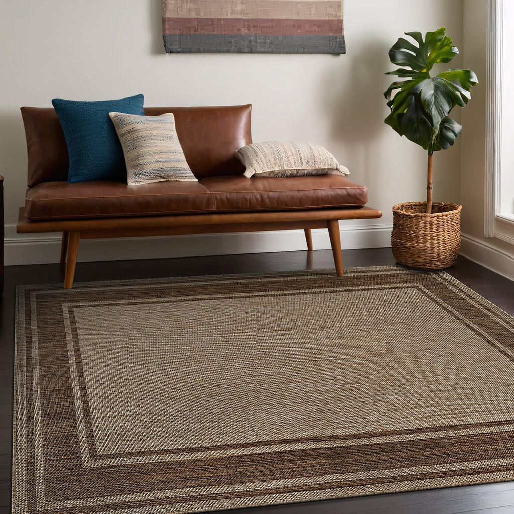 Beverly Rug Outdoor Rug 6x9 Modern Bordered Area Rugs for Indoor and Outdoor Patio Deck Porch Garden Waterproof Weather Sun Resistant Washable Outside Carpet (6 x 9 Jute)
