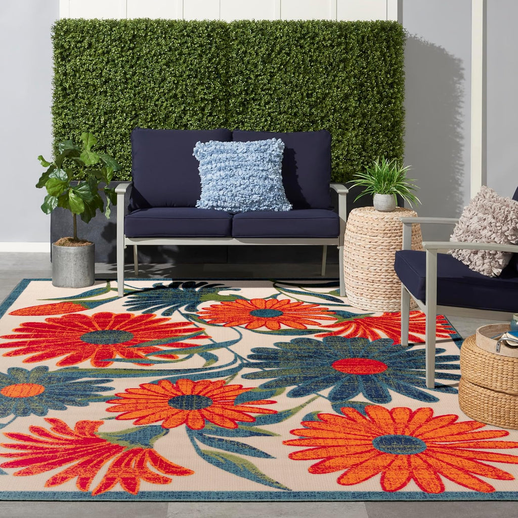 Nourison Home Aloha Indoor/Outdoor Ivory Multicolor 9' x 12' Area Rug, Easy Cleaning, Non-Shedding, Bed Room, Living Room, Dining Room, Backyard, Deck, Patio (9x12)