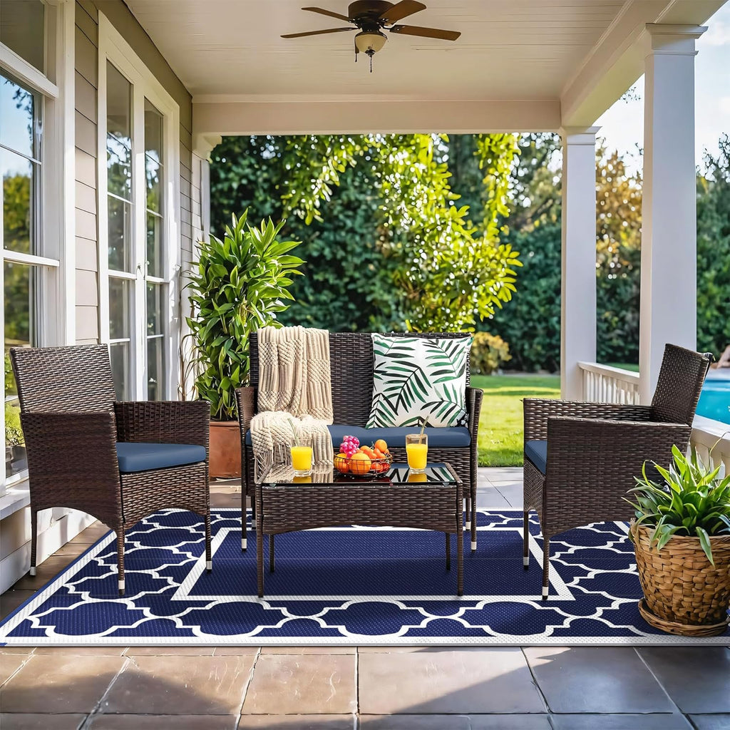 GENIMO 5' x 8' Outdoor Rug Waterproof for Patio Decor, Foldable Reversible Plastic Straw Area Rugs Mat for Camper, Outside Carpet for Rv, Deck, Porch, Picnic, Beach, Balcony, Blue & White