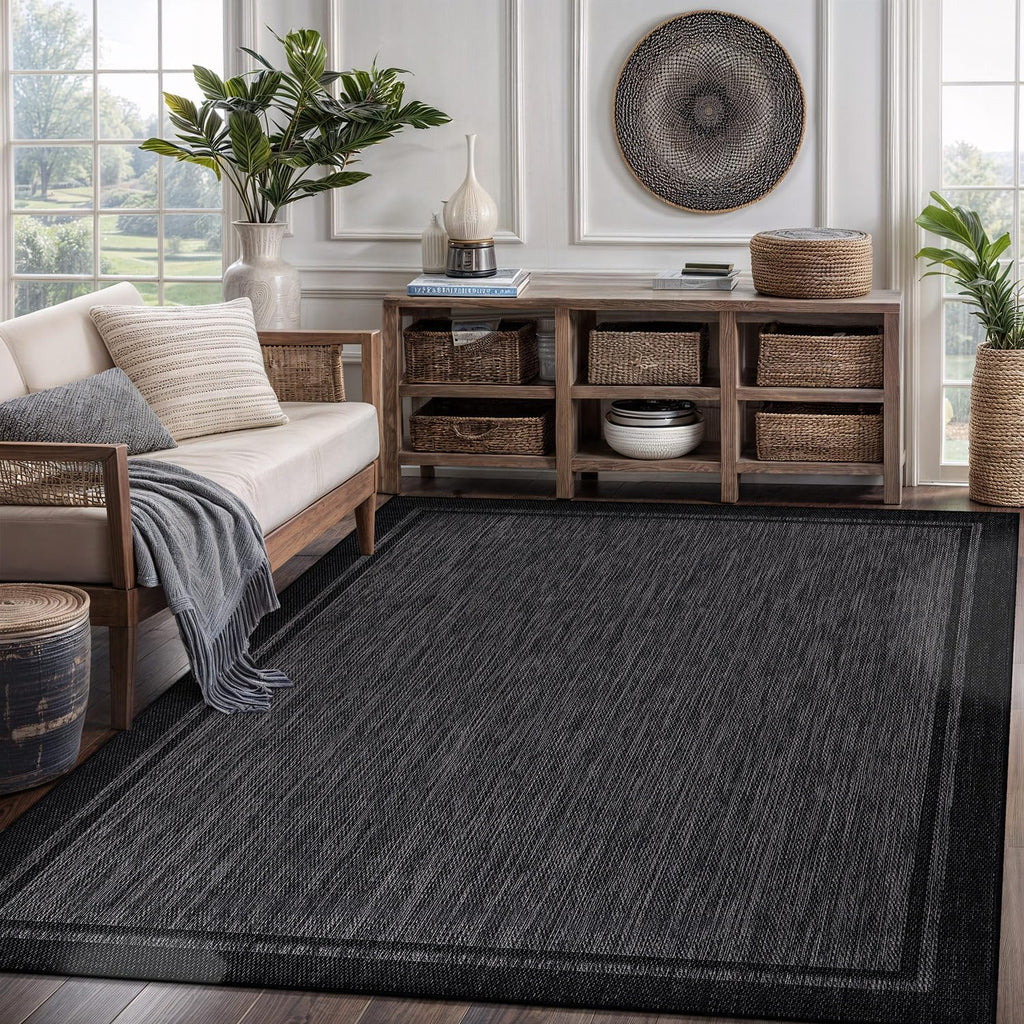 CAMILSON Indoor Outdoor Rug, 5x7 Bordered Dark Grey Black Modern Area Rugs for Indoor and Outdoor Patios, Kitchen and Hallway Mats, Washable Porch Deck Outside Carpet (Bordered Black, 5 x 7)