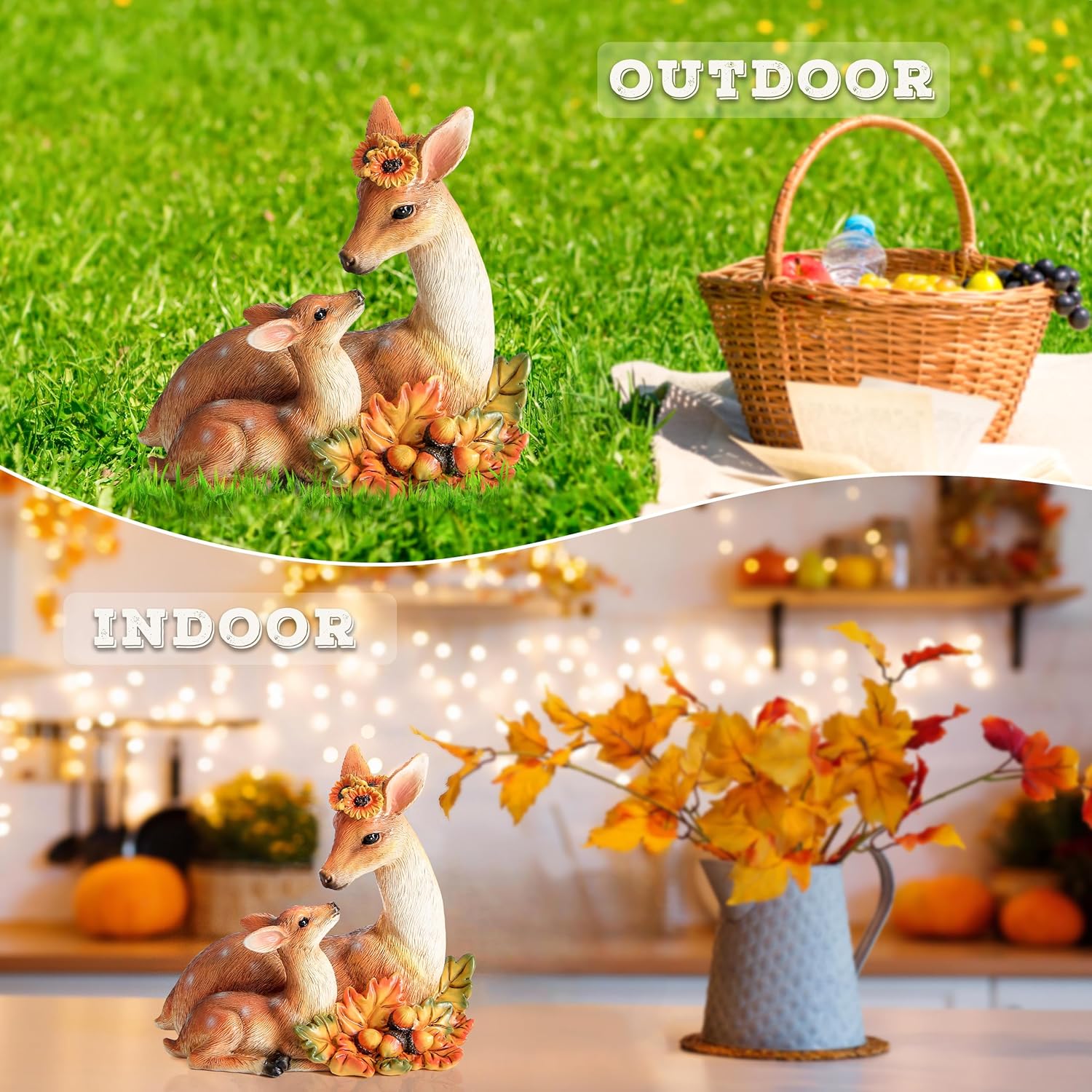 Garden Deer Statue Fall Animals Decor Resin Harvest Mother and Baby Deer Acorn with Maple Leaves Figurines Autumn Thanksgiving Indoor Outdoor Decorations Patio Yard Lawn Ornaments