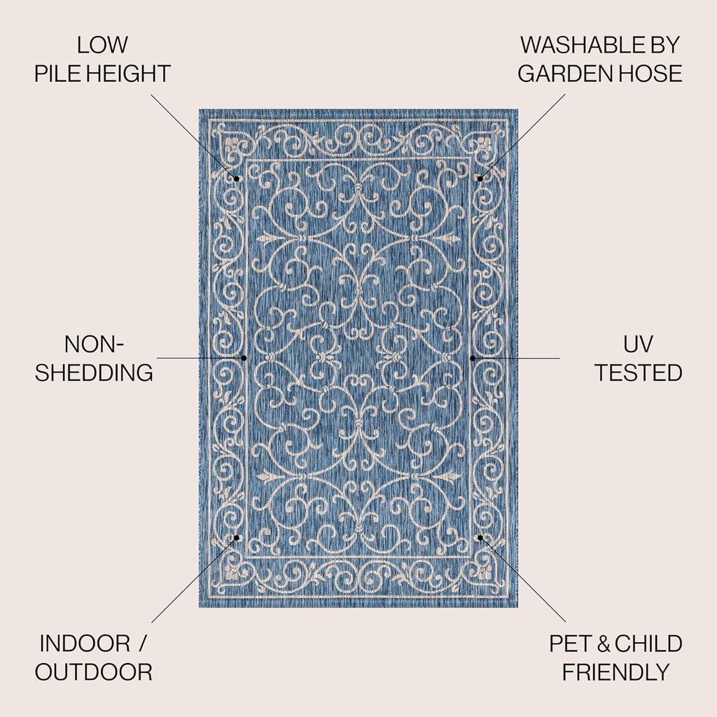 JONATHAN Y SMB106D-9SQ Charleston Vintage Filigree Textured Weave Navy/Gray 9' Square Indoor/Outdoor Area Rug, Pet Friendly, Non-Shedding, Stain Resistant, Easy-Cleaning for Backyard, Patio, Porch