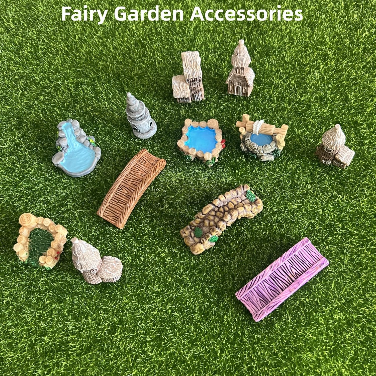 LONCESS Fairy Garden Accessories Miniature Tree House Bridge Mini Lighthouse Water Well Bridge Figurines Pond Lawn Ornament Figurines for DIY Craft Garden Decor,12 Peices