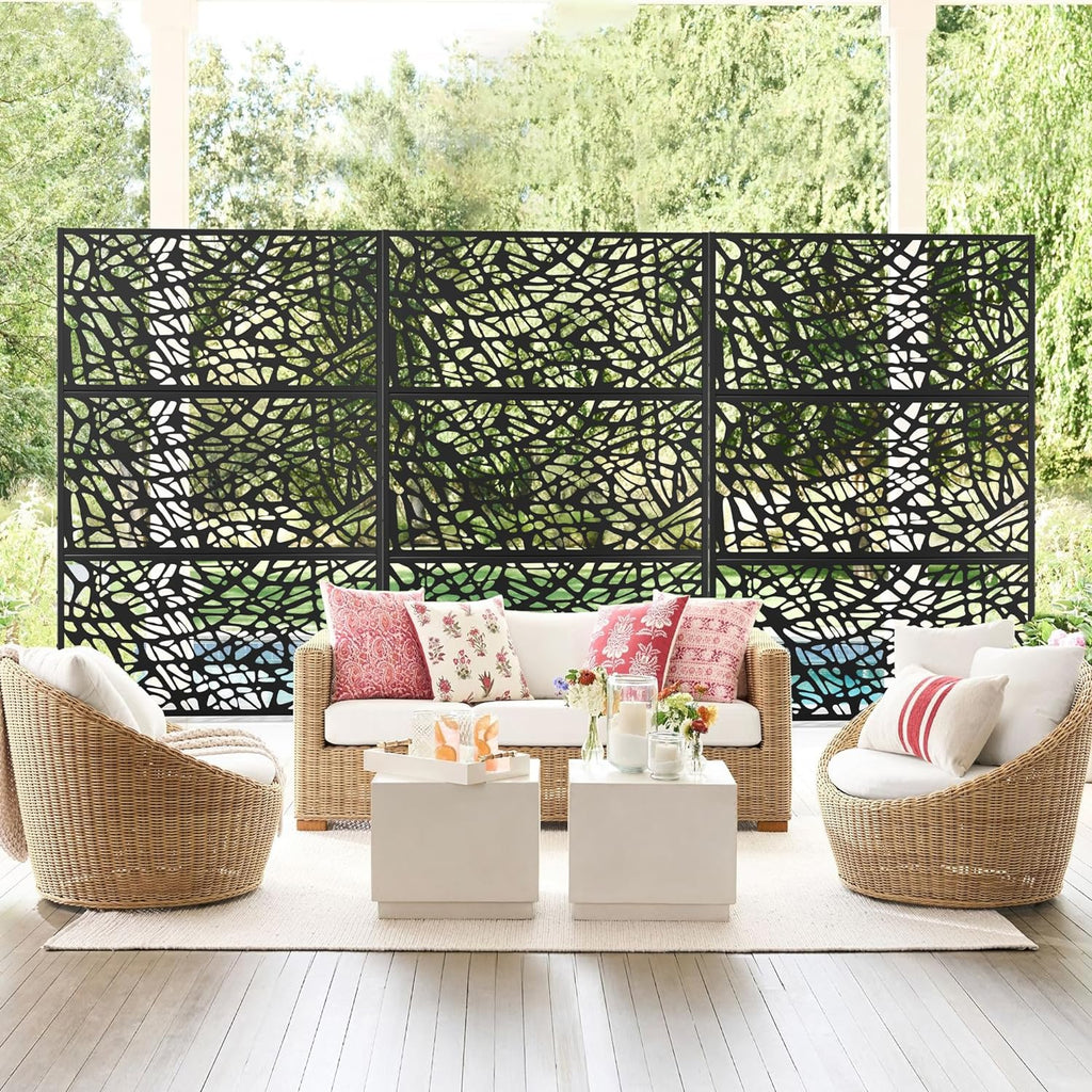 Metal Privacy Screen Outdoor 72" H×47" W,Freestanding Decorative Privacy Screen for Balcony Yard&Garden,Privacy Fence-Black&Net